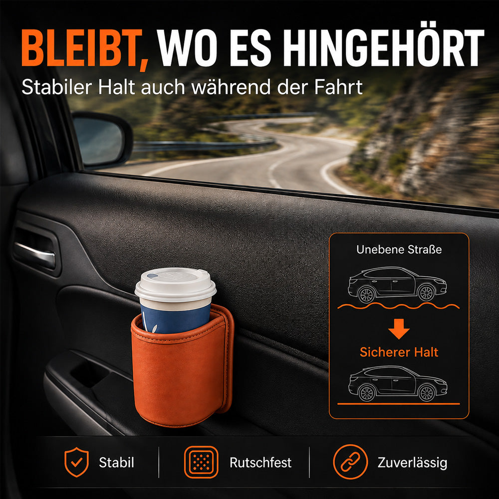 🥳HEISSER VERKAUF 2026🥳💞ÜBER 50.000 VERKAUFT!🚗🧺 50 % RABATT! Getränkehalter aus Leder für die Autotür – Breite Öffnung, Getränke und Handy sind leicht zu erreichen. Sicherer Halt durch Clip-Befestigung. PU-Leder, robust und stilvoll. 🛡️✨