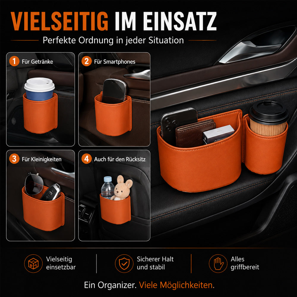 🥳HEISSER VERKAUF 2026🥳💞ÜBER 50.000 VERKAUFT!🚗🧺 50 % RABATT! Getränkehalter aus Leder für die Autotür – Breite Öffnung, Getränke und Handy sind leicht zu erreichen. Sicherer Halt durch Clip-Befestigung. PU-Leder, robust und stilvoll. 🛡️✨