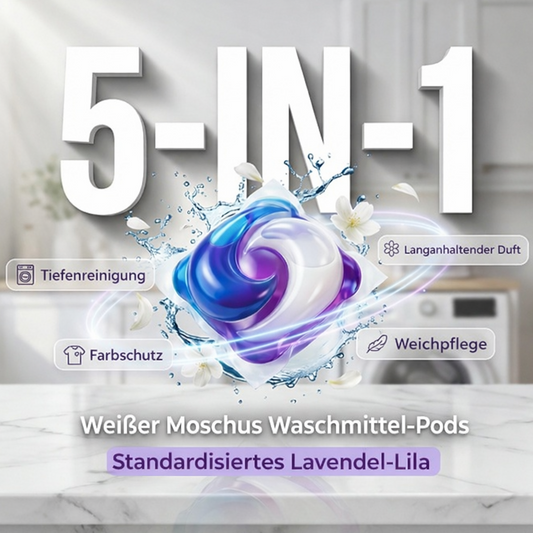 🌸🧺 5-in-1 Waschmittelkapseln mit weißem Moschus – entfernt Flecken & schont Fasern ✨💧 80 Stück, langanhaltend frisch, ideal für Haushalt & Reise.