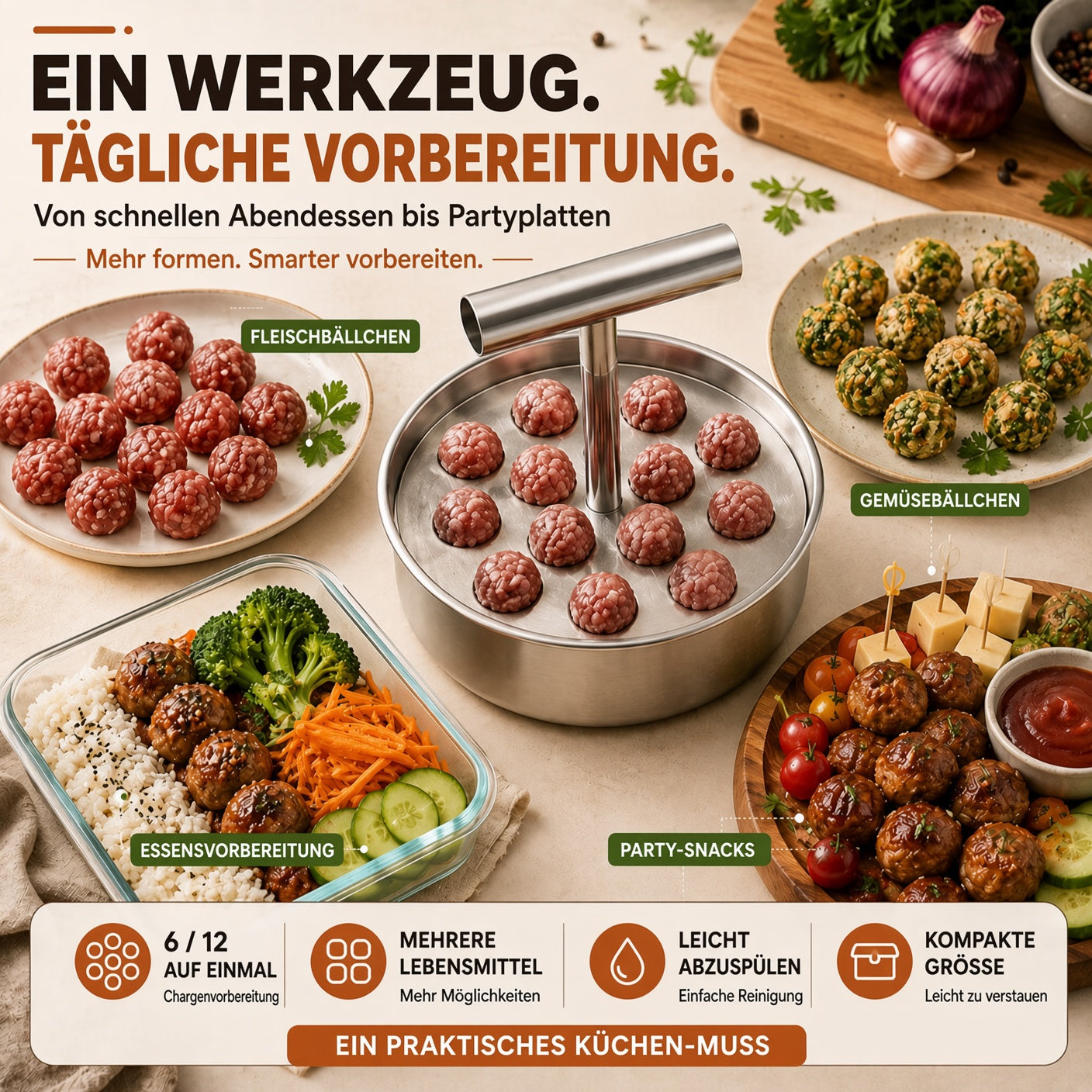 📢📢 50 % Rabatt !! ⏰🍡 Fleischbällchen‑Maker aus lebensmittelechtem Edelstahl für die Küche upsell