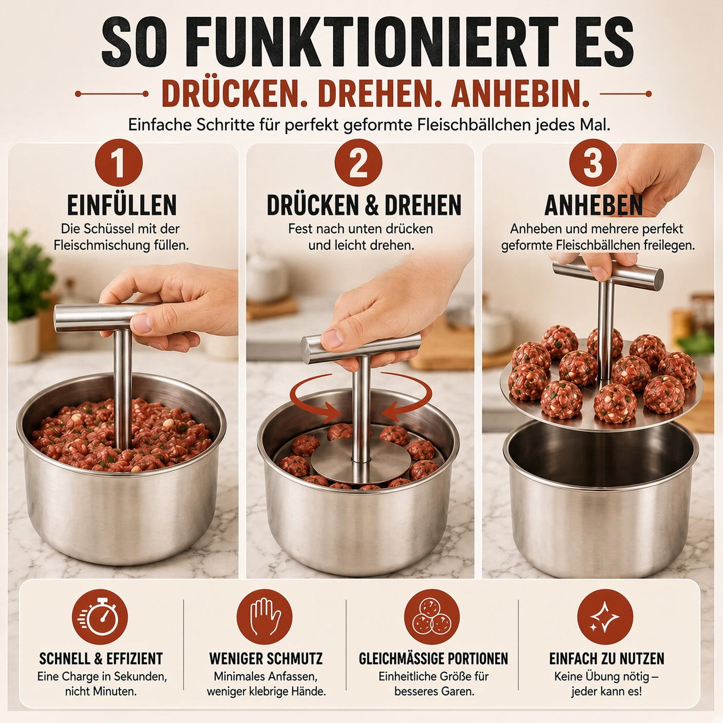 📢📢 50 % Rabatt !! ⏰🍡 Fleischbällchen‑Maker aus lebensmittelechtem Edelstahl für die Küche upsell