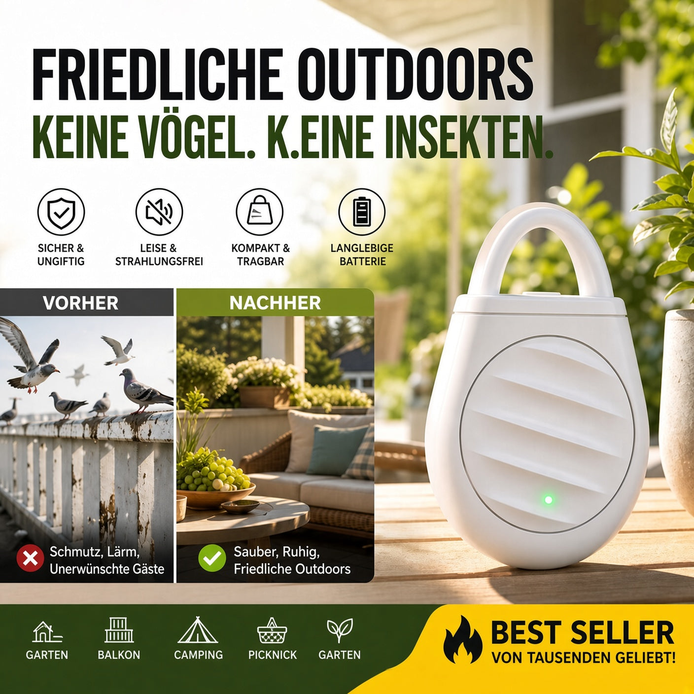 🐦 Nie wieder Ärger mit Vögeln, wilden Tieren und Heuschrecken! Tragbarer Ultraschall-Vogelabwehr-Schlüsselanhänger