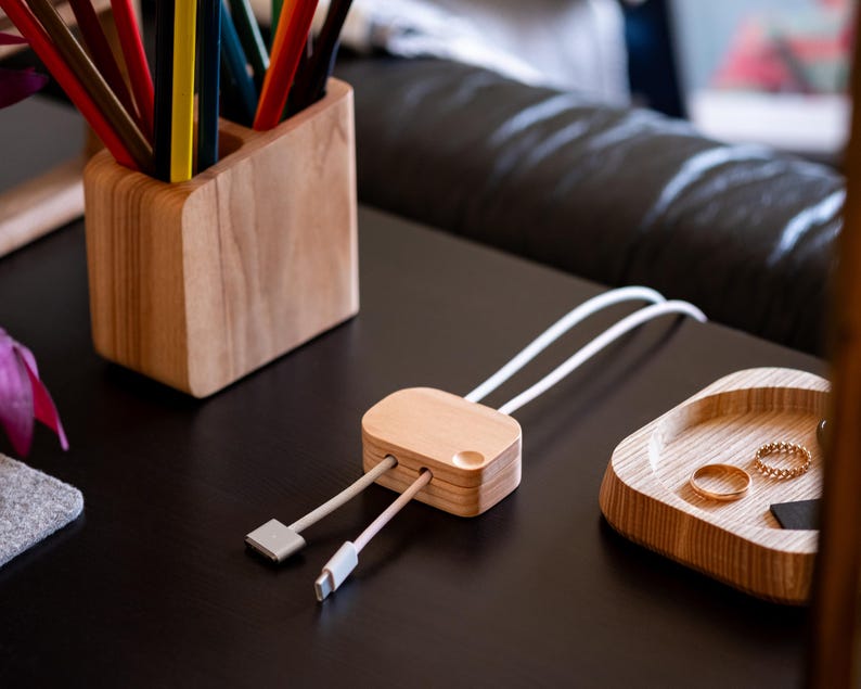 Wooden Cable Organizer, Custom Magnetic Cord Holder, Personalized Wire Management for Desk
