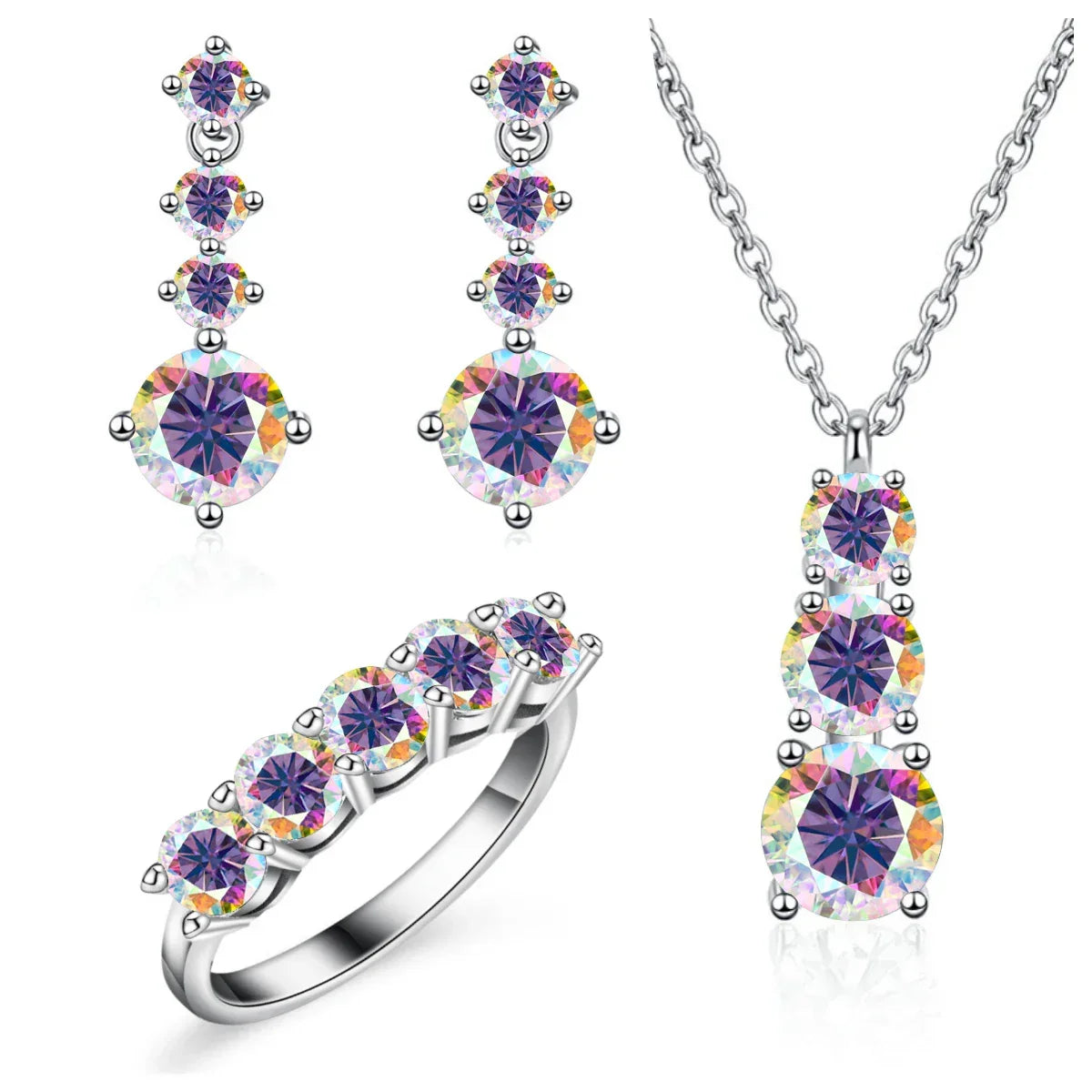 Moissanite 925 Sterling Silver Jewelry Set - Ring Earring Pendant Gift