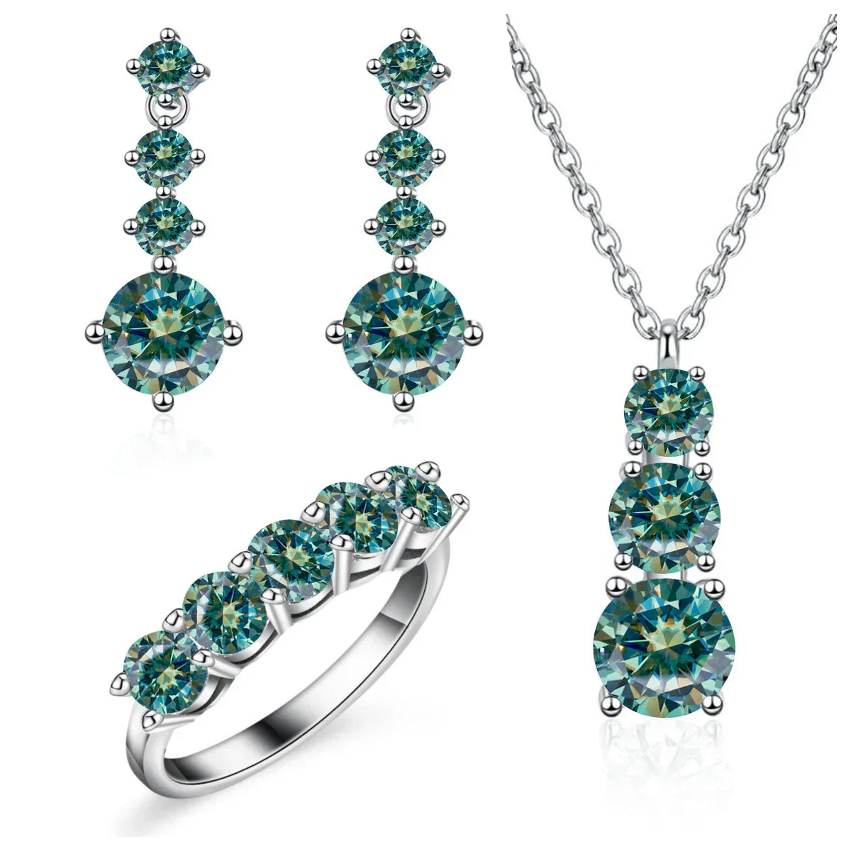 Moissanite 925 Sterling Silver Jewelry Set - Ring Earring Pendant Gift