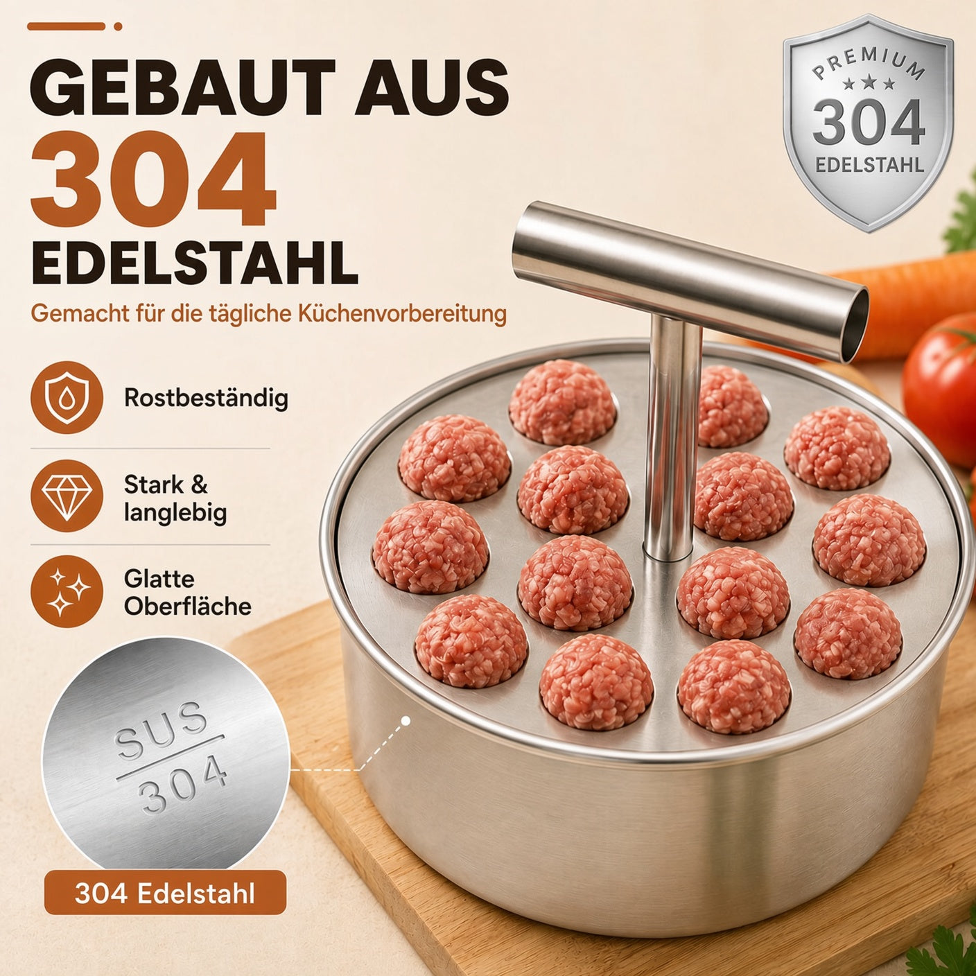 📢📢 50 % Rabatt !! ⏰🍡 Fleischbällchen‑Maker aus lebensmittelechtem Edelstahl für die Küche upsell